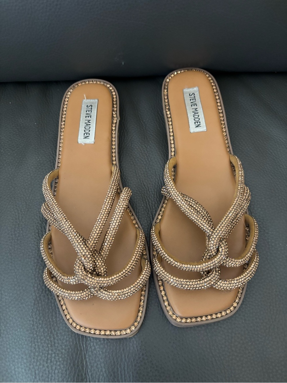 Steve Madden Tan Rhinestone Knotted Slide Sandals